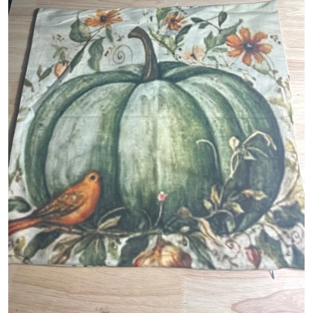 Autumn Green Pumpkin Bird Floral set of 4 Velvet Throw Pillow Covers 18x18